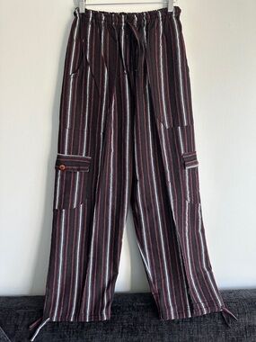 Peru/Ecuador Handmade Burgundy Cotton Boho Striped Pants Joggers Unisex Large